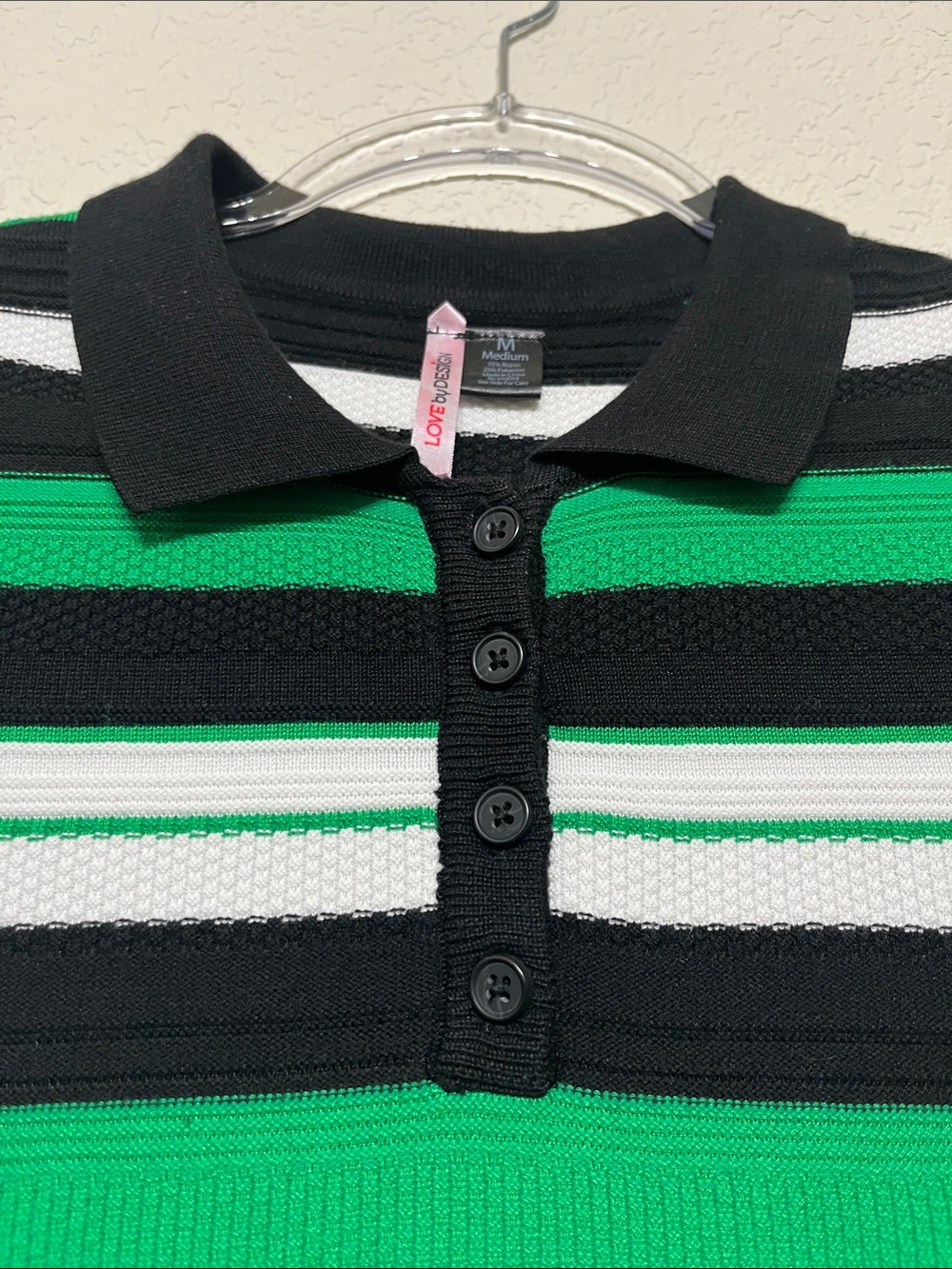 Love By Design Women’s Size Medium Knitted Green, Black & White Striped Polo Top - Picture 3 of 9